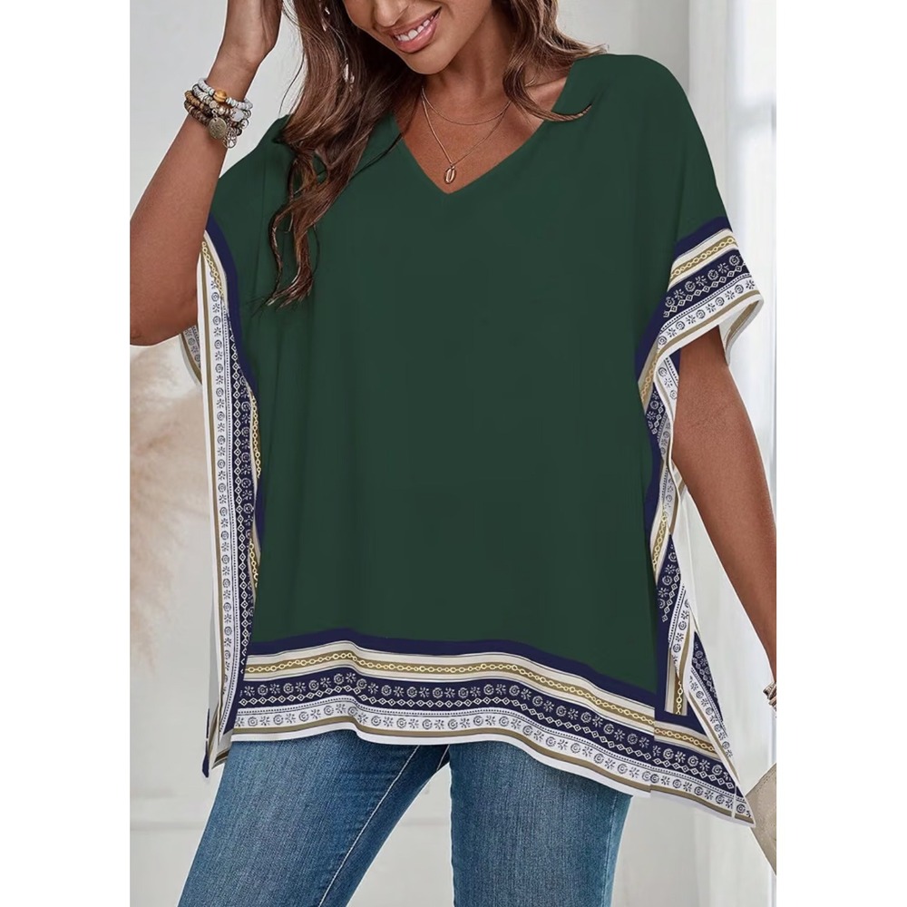 Falechay Poncho Top Womens XL Green New Boho Geometric Border Kaftan Blouse